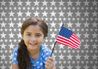 Girl against grey background with American flag and stars