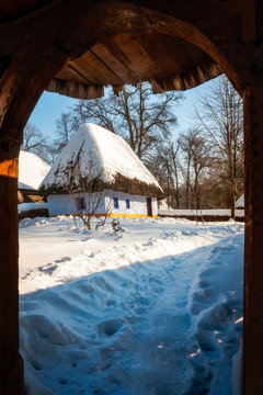 Fairytale cottage in winter at the Village Museum in Bucharest, Romania.