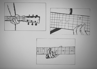 Grey background with guitar illustrations playing and learning