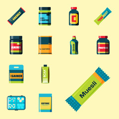 Sport nutrition healthy food fitness diet bodybuilding proteine power drink athletic supplement energy vector illustration.