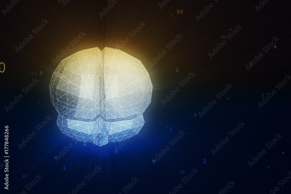 Poster abstract digital brain in a cloud of numerical data illustrating concepts of artificial intelligence