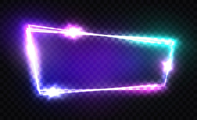 Night Club Neon Sign. Blank 3d Retro Light Signboard With Shining Neon Effect. Techno Frame With Glowing On Transparent Backdrop. Electric Street Banner Design. Colorful Vector Illustration. 80s Style