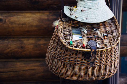 Fishing Bait and Tackle Basket and a Sun Hat