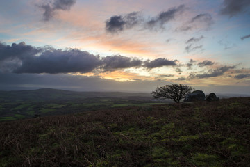 Fototapeta na wymiar sunrise at caradon hill, cornwall, with cloudy dark sky and muted colours