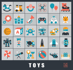 Set of premium quality toy icons. Play and games icons. Collection of toys for children. 