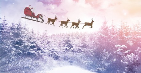 Winter landscape and Santa's sleigh and reindeer's