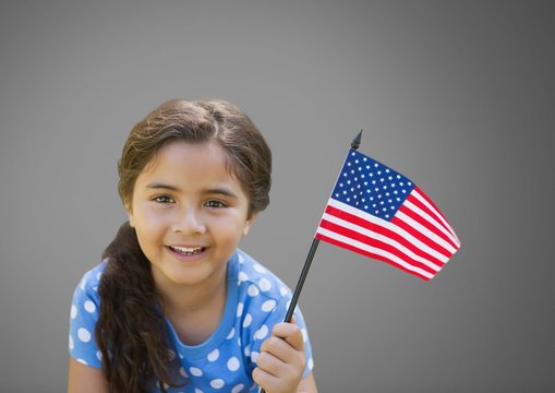 Girl against grey background with American flag
