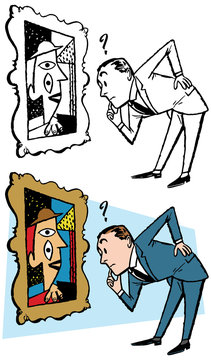 A man inspects a cubist painting at a fine art museum.