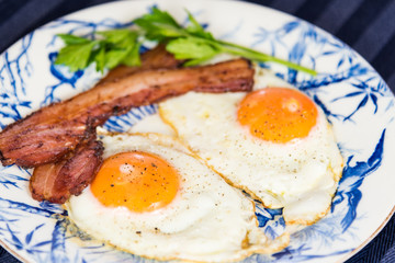 Bacon & Eggs on Blue China