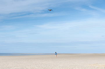 Boy flying dragon kite on the beach