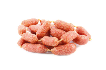 Delicious sausages on white background