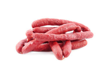 Delicious sausages on white background