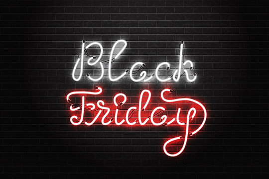 Vector realistic isolated neon sign of Black Friday lettering for decoration and covering on the wall background. Concept of sale, clearance and discount.