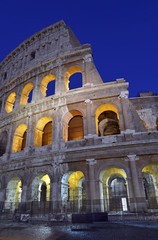 The Colosseum at night, a place where gladiators fought as well as being a venue for public entertainment, Rome Italy