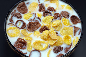 bowl of cornflakes filled with milk
