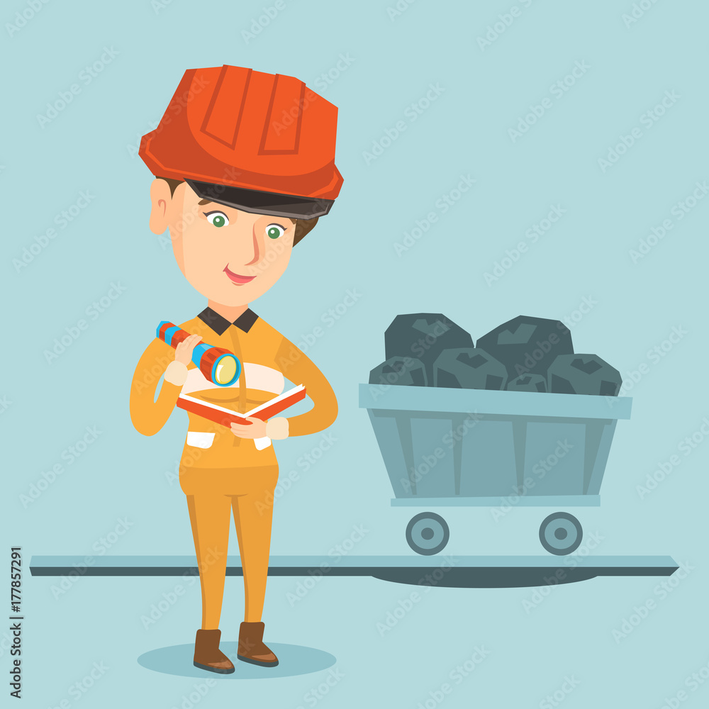 Aufkleber young caucasian miner in hard hat checking documents with flashlight on the background of trolley wi