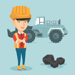 Young caucasian miner in hard hat standing on the background of a big excavator. Female confident miner with crossed arms standing near coal and excavator. Vector cartoon illustration. Square layout.