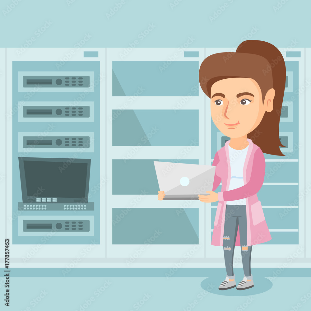 Poster young caucasian engineer working on a laptop in the network server room at the data centre. female n