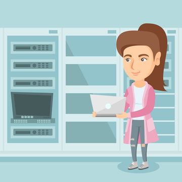 Young caucasian engineer working on a laptop in the network server room at the data centre. Female network engineer using a laptop in the server room. Vector cartoon illustration. Square layout.