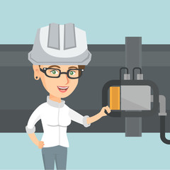 Young caucasian operator of oil refinery plant checking the detector on the pipeline. Technician of oil refinery plant in hard hat maintaining the pipeline. Vector cartoon illustration. Square layout.