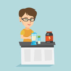 Caucasian sportswoman making a protein shake using a blender. Young sportswoman preparing a protein cocktail from bodybuilding food supplements. Vector cartoon illustration. Square layout.