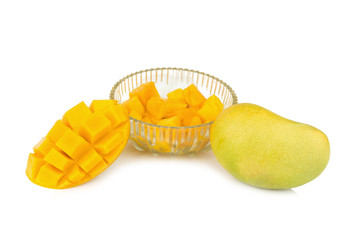 yellow mango. slice. cube. cube mango in glass.  isolated on white background
