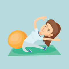 Caucasian woman exercising in the gym. Woman doing stretching on the exercise mat. Sportswoman stretching before training. Woman doing stretching exercises. Vector cartoon illustration. Square layout.