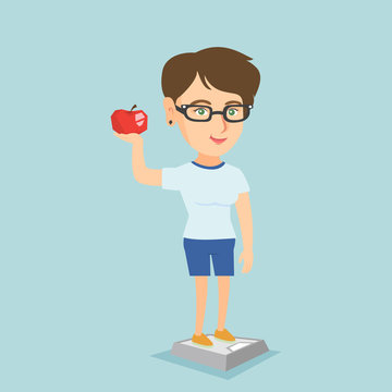Caucasian woman holding an apple in hand and weighing after a diet. Young woman satisfied with the result of diet. Dieting and healthy lifestyle concept. Vector cartoon illustration. Square layout.