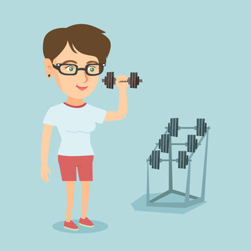 Caucasian strong sportswoman doing exercise with a dumbbell. Young sporty woman lifting a heavy weight dumbbell. Weightlifter holding a dumbbell in the gym. Vector cartoon illustration. Square layout.