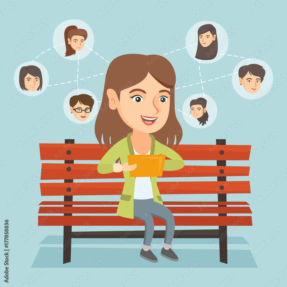 Poster young caucasian woman sitting on a bench and using a tablet computer with network avatar. woman surf