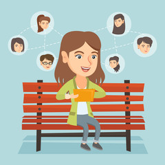 Young caucasian woman sitting on a bench and using a tablet computer with network avatar. Woman surfing in the social network. Social network concept. Vector cartoon illustration. Square layout.