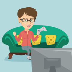 Young happy caucasian woman playing video game. Excited woman with console in hands playing video game at home. Woman celebrating her victory in video game. Vector cartoon illustration. Square layout.