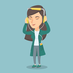 Caucasian woman listening to music on her smartphone. Young woman in headphones listening to music. Relaxed woman with closed eyes enjoying music. Vector cartoon illustration. Square layout.