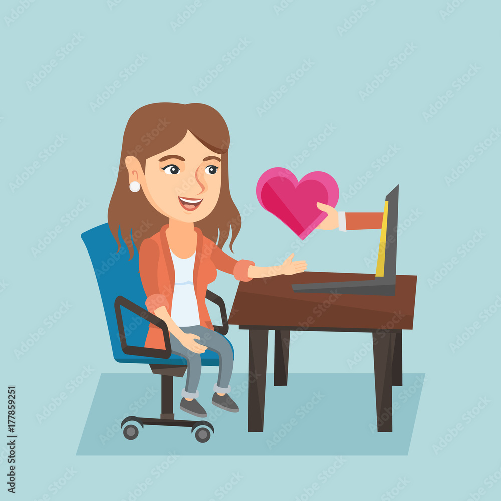 Sticker caucasian woman looking for online date on the internet. woman using a laptop and dating online. wom