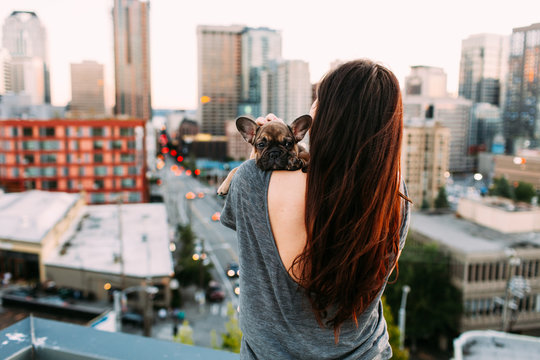 Girl holding french bulldog puppy