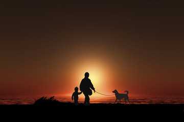 Fototapeta na wymiar 日の出と親子と犬のシルエット