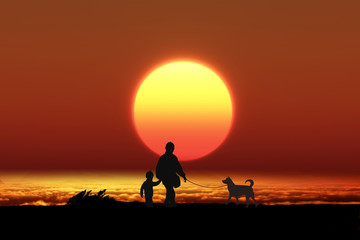 Fototapeta na wymiar 日の出と親子と犬のシルエット
