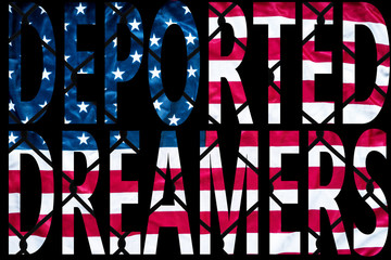 deported dreamers bold letters with american flag and chain link fence in the background