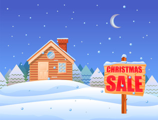 Cottage in the snow landscape with Christmas sale wooden post vector image
