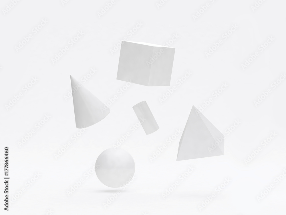 Poster 3d rendering white geometric shape-form group floating white background pyramid sphere cube cylinder