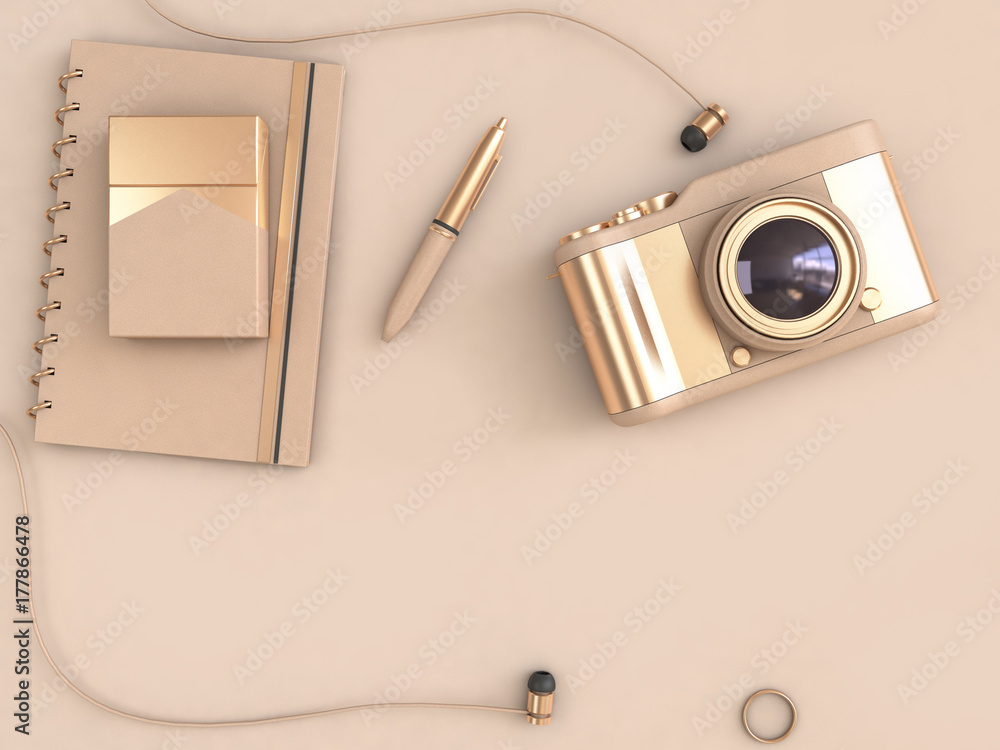 Poster gold cream-soft brown camera pen notebook box headphone top view metallic glossy reflection objects 