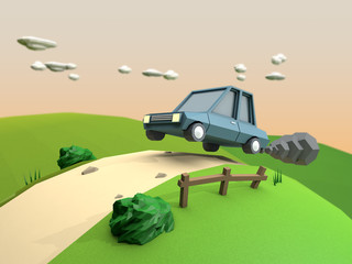low poly car fast driving on country road jump hill green field mountain nature transport concept 3d rendering
