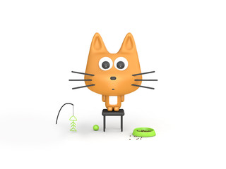 3d render cartoon style yellow-orange cat stand on chair with green dish ball cat toy  white background