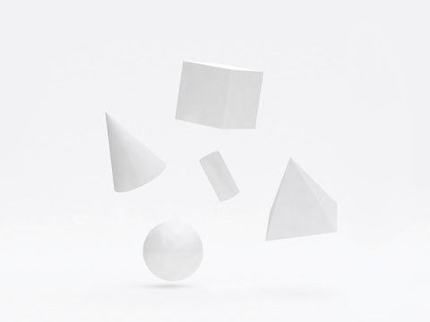 3d rendering white geometric shape-form group floating white background pyramid sphere cube cylinder cone abstract graphic background