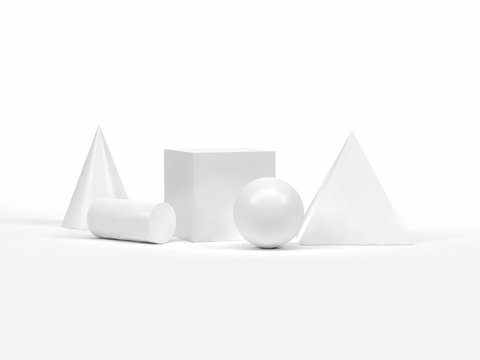 3d rendering white geometric shape-form group set on white background pyramid sphere cube cylinder cone abstract graphic background