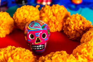 Day of the dead celebration - Skulls, Mexican marigold, bread