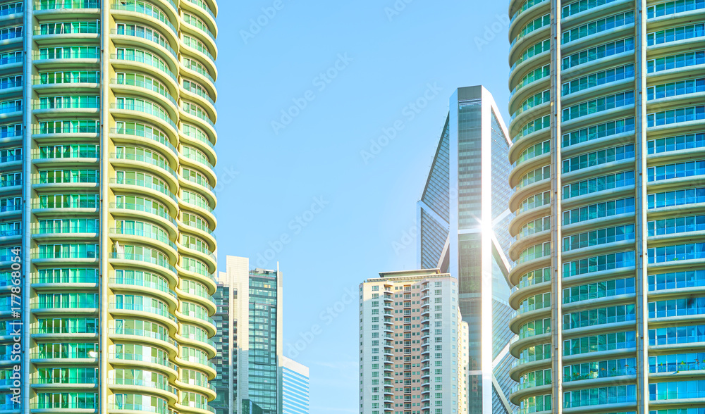 Poster urban abstract close up view of multiple office building .