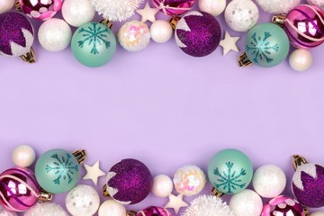 Modern pastel Christmas bauble double border over a light purple background