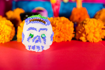 Naklejka premium Day of the dead celebration - Skulls, Mexican marigold, bread
