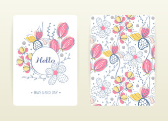 Fototapeta na wymiar Cover design with floral pattern. Hand drawn creative flowers. Colorful artistic background with blossom. It can be used for invitation, card, cover book, notebook. Size A4. Vector illustration, eps10